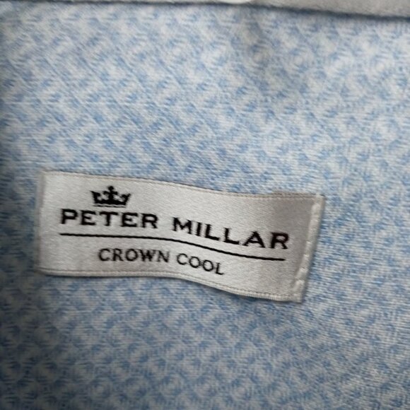 Peter Millar Shirt Mens Large Blue White Linen Crown Cool Geometric Long Sleeve - Picture 2 of 6